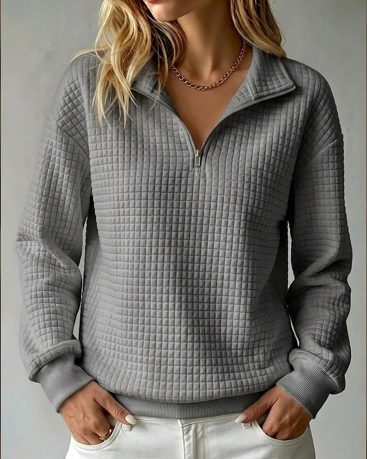 Women's Sweatshirt, Quilted Texture Half Zip Top with Funnel Collar – Zara Grey