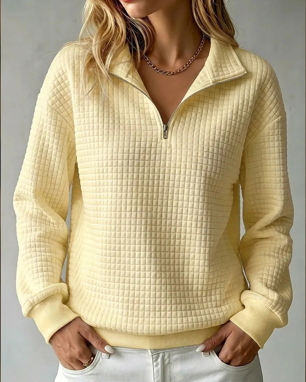 Women's Sweatshirt, Quilted Texture Half Zip Top with Funnel Collar – Zara Grey