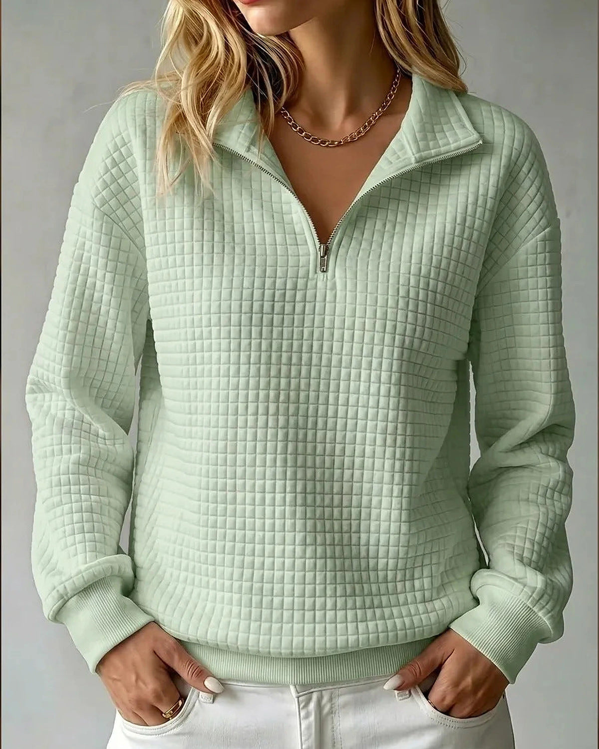 Women's Sweatshirt, Quilted Texture Half Zip Top with Funnel Collar – Zara Grey