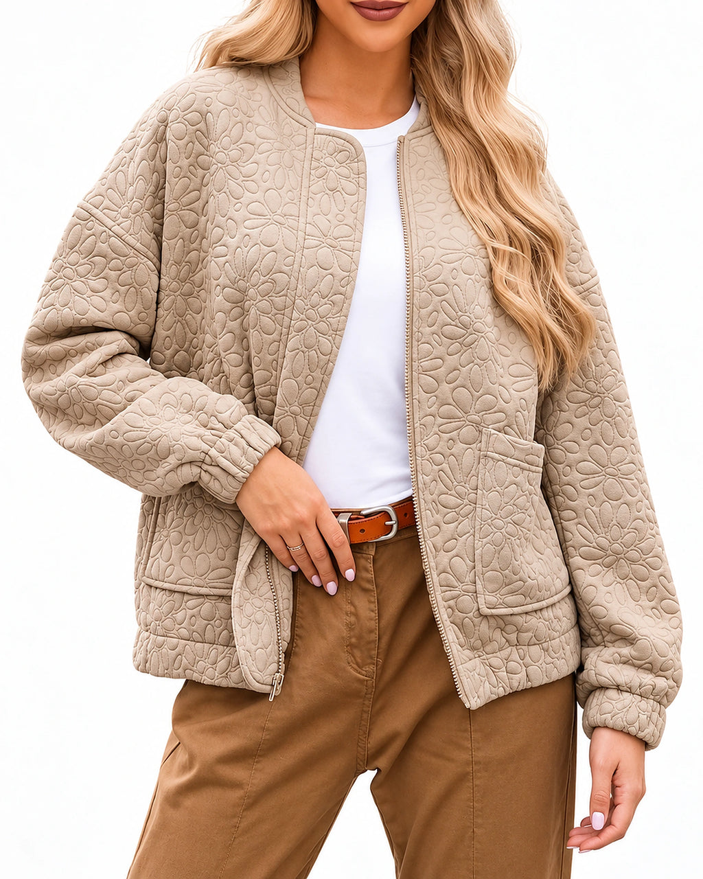 Women's Quilted Jacket with Round Neckline and Patch Pockets, Zip-Up Front – Mabel