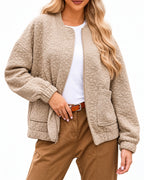 Women's Quilted Jacket with Round Neckline and Patch Pockets, Zip-Up Front – Mabel