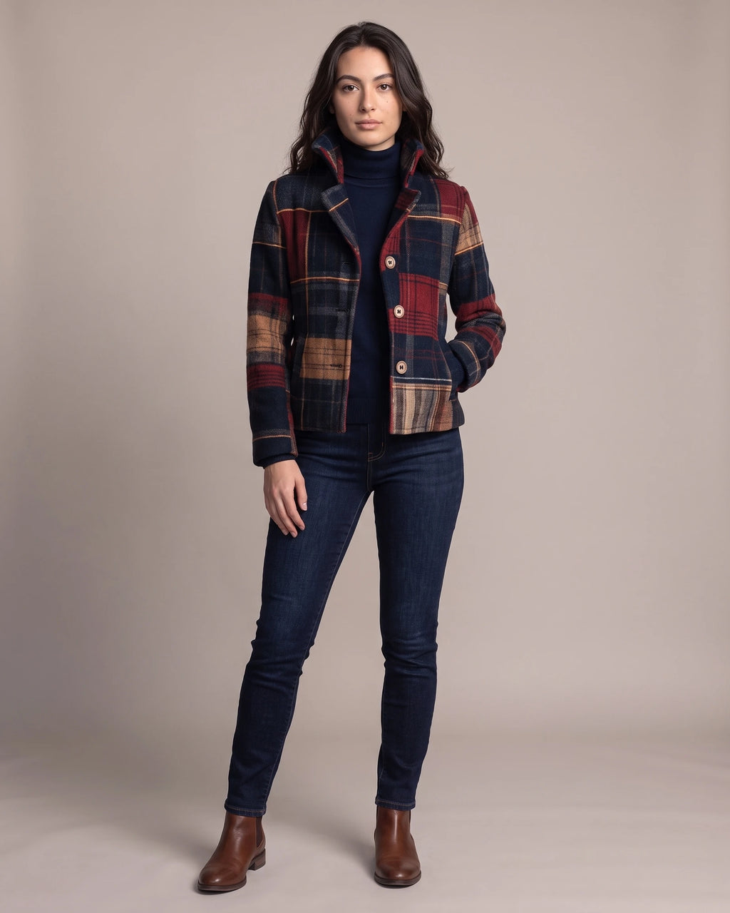 Women's Tailored Suit Jacket in Checked Wool Blend with Stand Collar – Remy