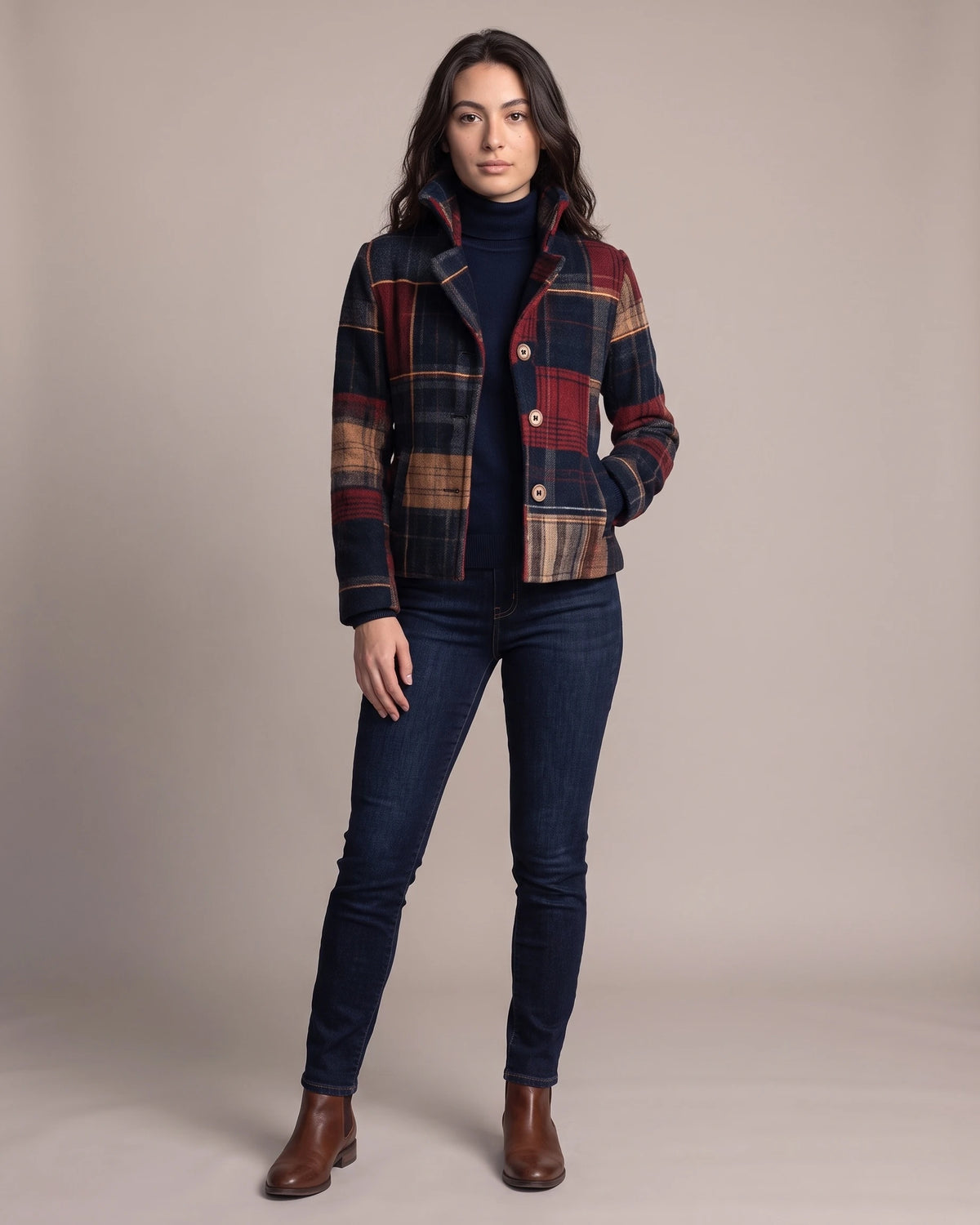 Women's Tailored Suit Jacket in Checked Wool Blend with Stand Collar – Remy