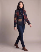 Women's Tailored Suit Jacket in Checked Wool Blend with Stand Collar – Remy