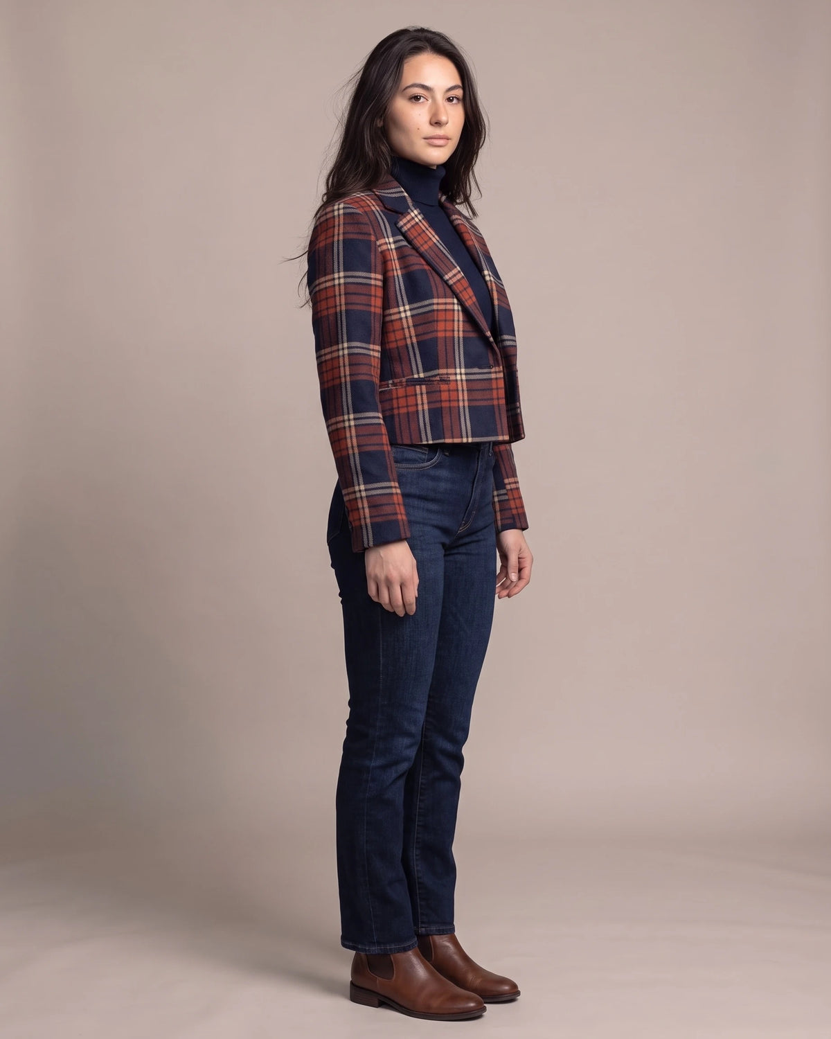 Women's Tailored Suit Jacket in Checked Wool Blend with Stand Collar – Remy