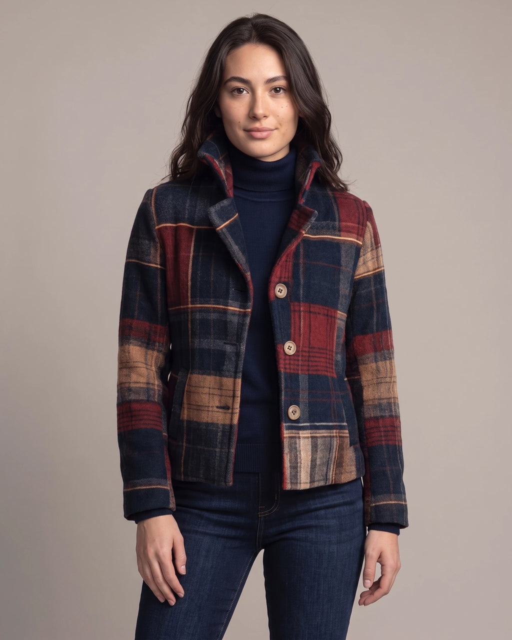 Women's Tailored Suit Jacket in Checked Wool Blend with Stand Collar – Remy