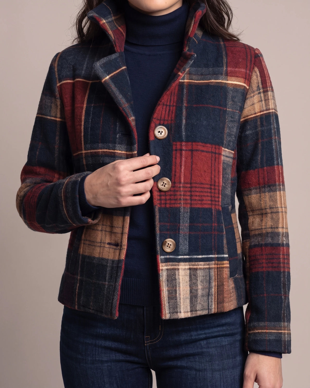 Women's Tailored Suit Jacket in Checked Wool Blend with Stand Collar – Remy