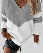 Women's V-Neck Jumper with Colour Block Pattern, Chunky Knit Sweater – Nell Mae