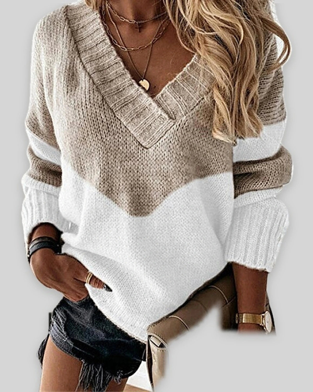 Women's V-Neck Jumper with Colour Block Pattern, Chunky Knit Sweater – Nell Mae