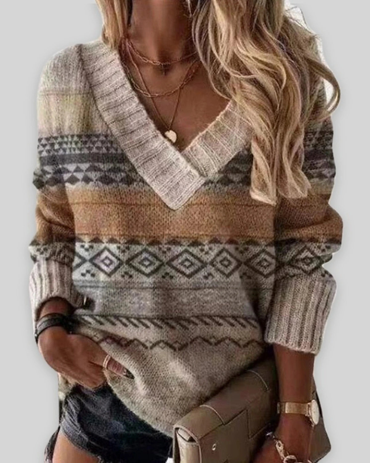Women's V-Neck Jumper with Colour Block Pattern, Chunky Knit Sweater – Nell Mae