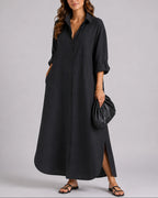 Women's Linen Shirt Maxi Dress with Collar, Button Front and Side Pockets – Daisy Grey