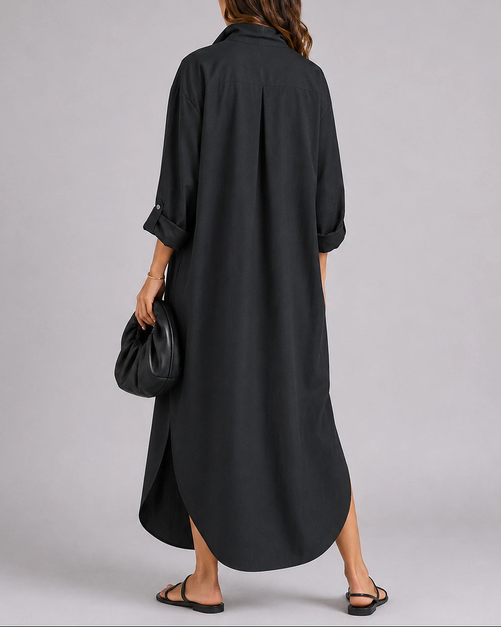 Women's Linen Shirt Maxi Dress with Collar, Button Front and Side Pockets – Daisy Grey