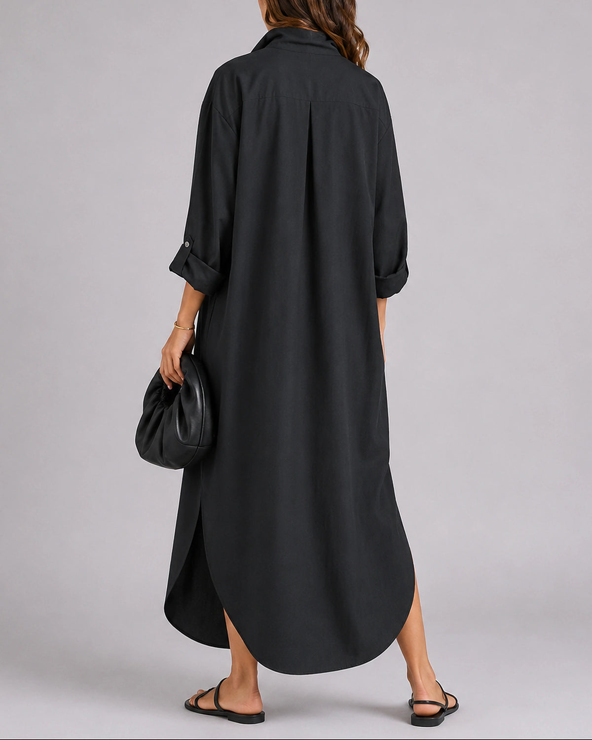 Women's Linen Shirt Maxi Dress with Collar, Button Front and Side Pockets – Daisy Grey