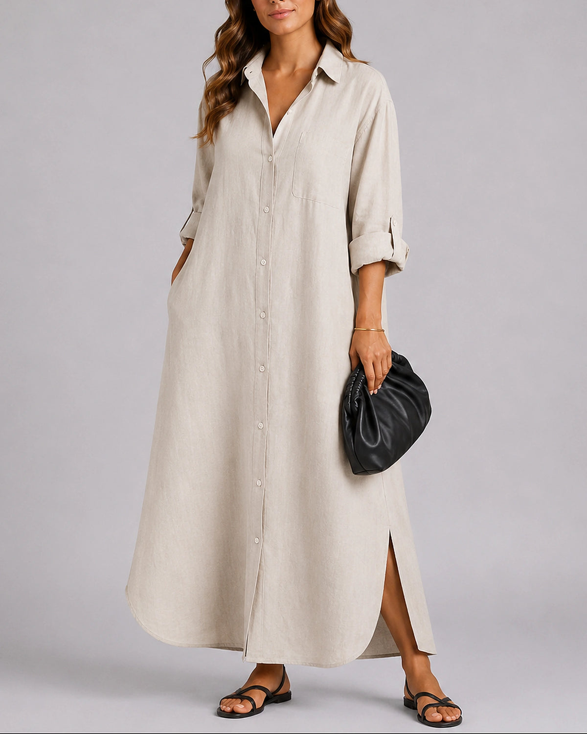 Women's Linen Shirt Maxi Dress with Collar, Button Front and Side Pockets – Daisy Grey