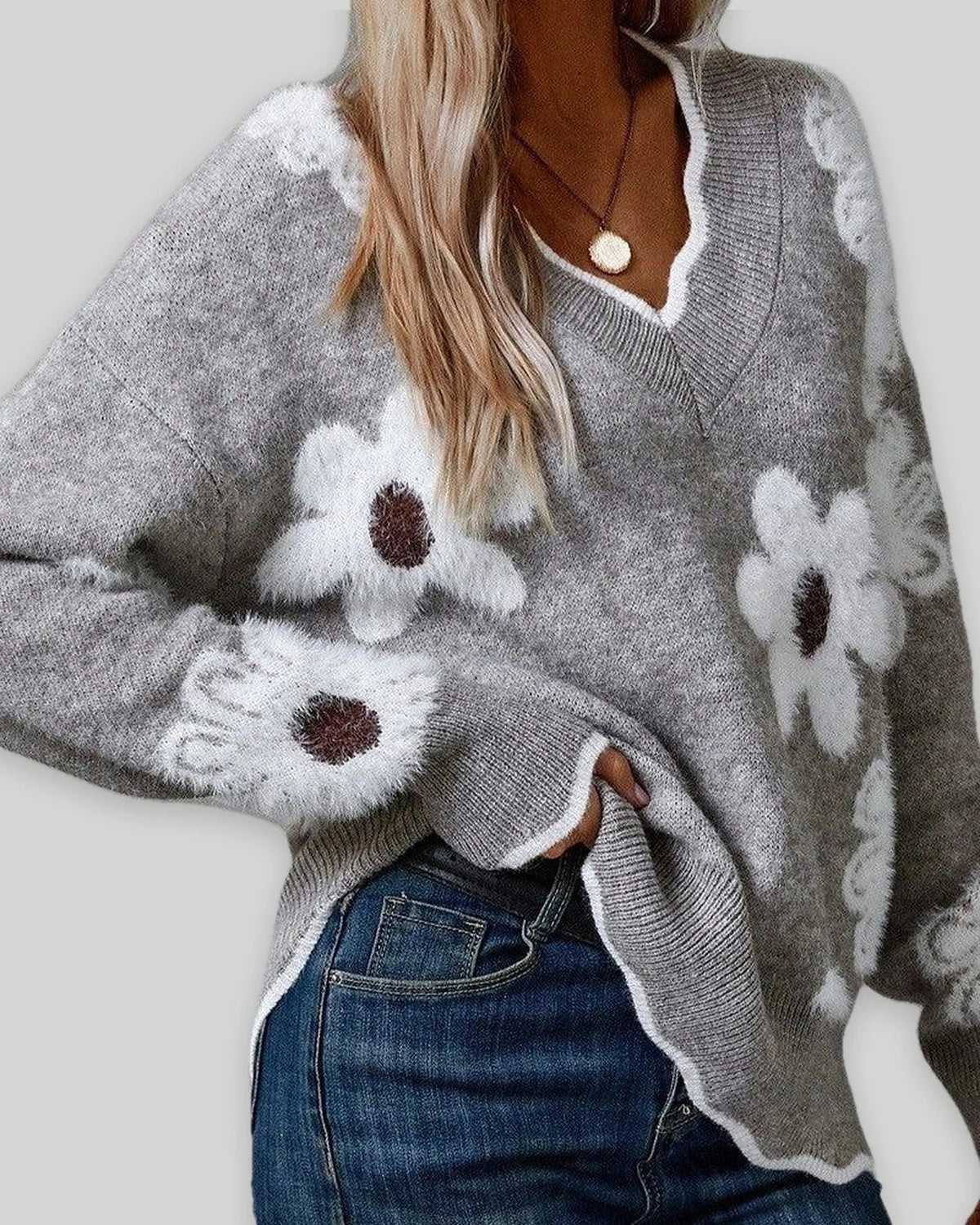 Women's Relaxed Fit Knit Jumper with V-Neckline and Daisy Print, Floral Knit Sweater – Vera Mae
