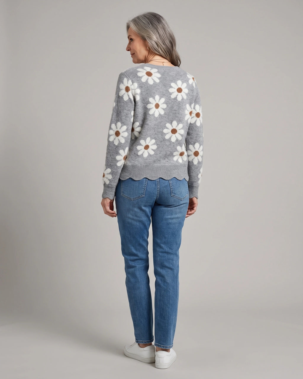 Women's Relaxed Fit Knit Jumper with V-Neckline and Daisy Print, Floral Knit Sweater – Vera Mae