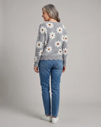 Women's Relaxed Fit Knit Jumper with V-Neckline and Daisy Print, Floral Knit Sweater – Vera Mae