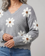 Women's Relaxed Fit Knit Jumper with V-Neckline and Daisy Print, Floral Knit Sweater – Vera Mae