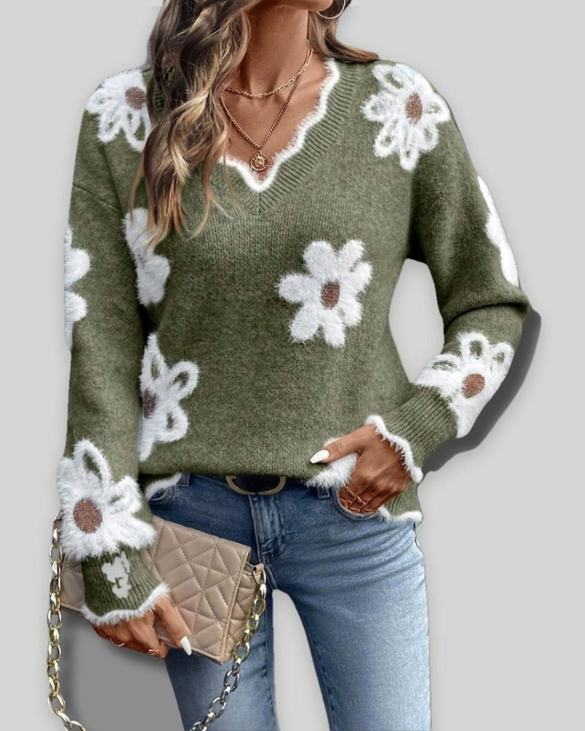 Women's Relaxed Fit Knit Jumper with V-Neckline and Daisy Print, Floral Knit Sweater – Vera Mae