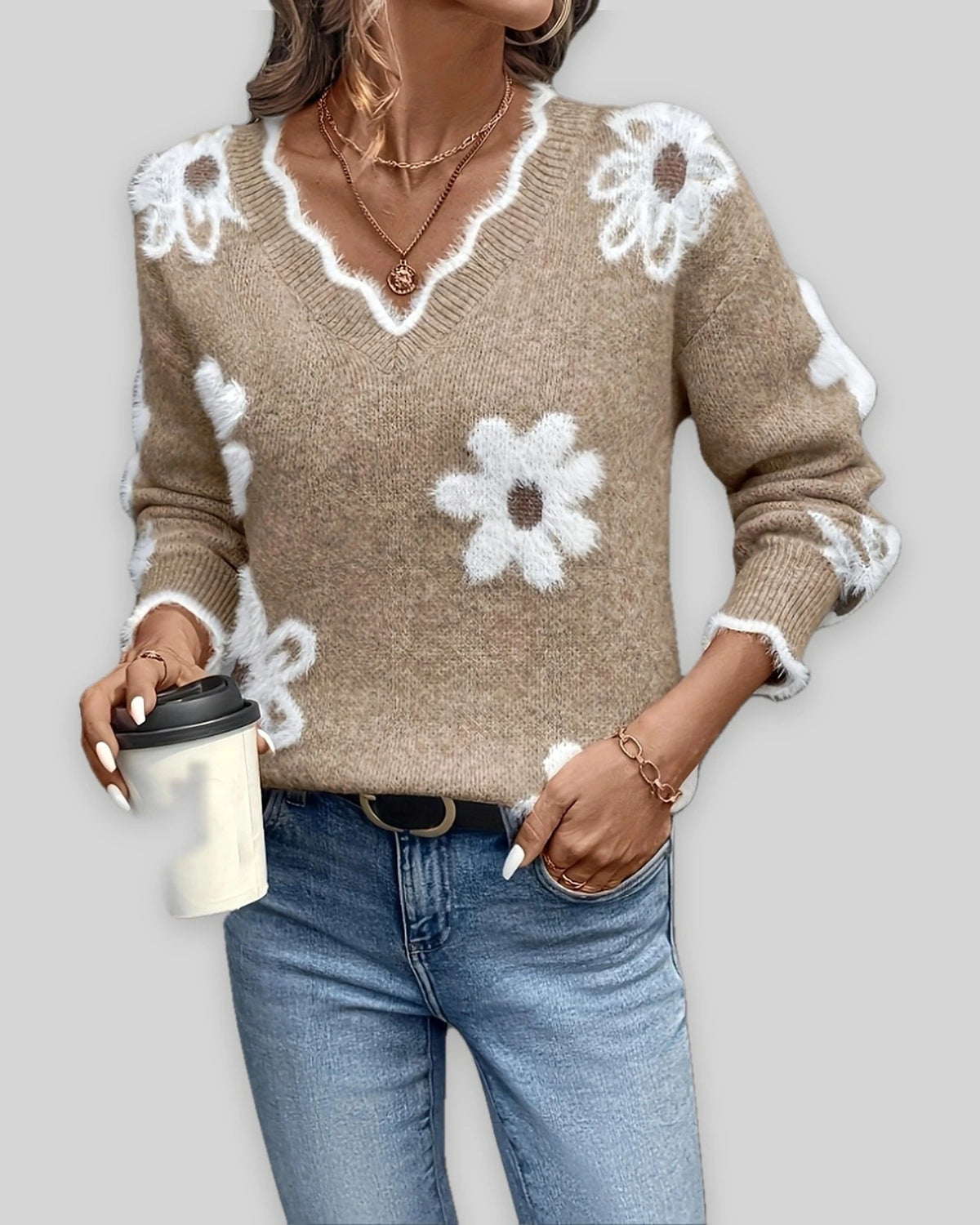 Women's Relaxed Fit Knit Jumper with V-Neckline and Daisy Print, Floral Knit Sweater – Vera Mae