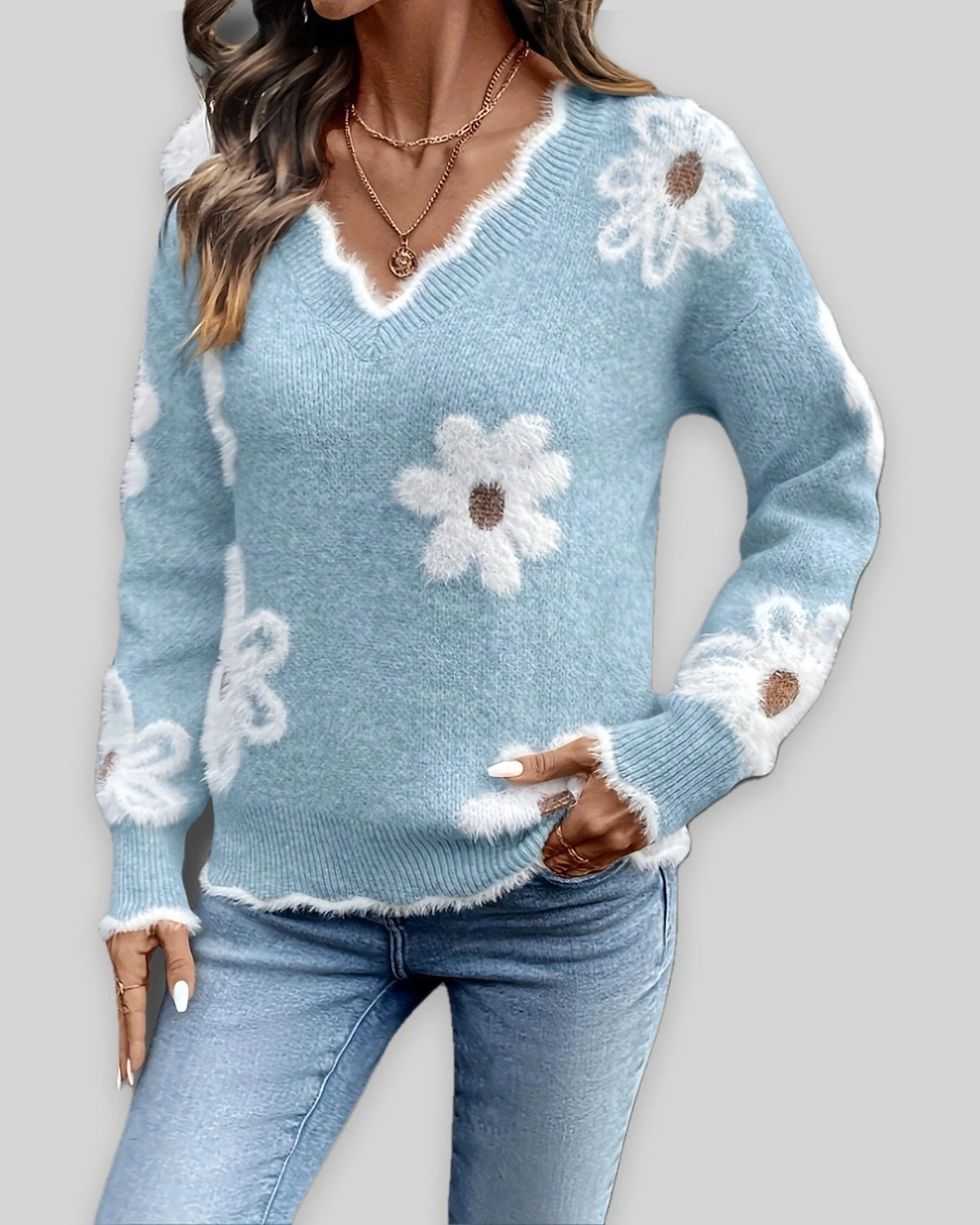 Women's Relaxed Fit Knit Jumper with V-Neckline and Daisy Print, Floral Knit Sweater – Vera Mae