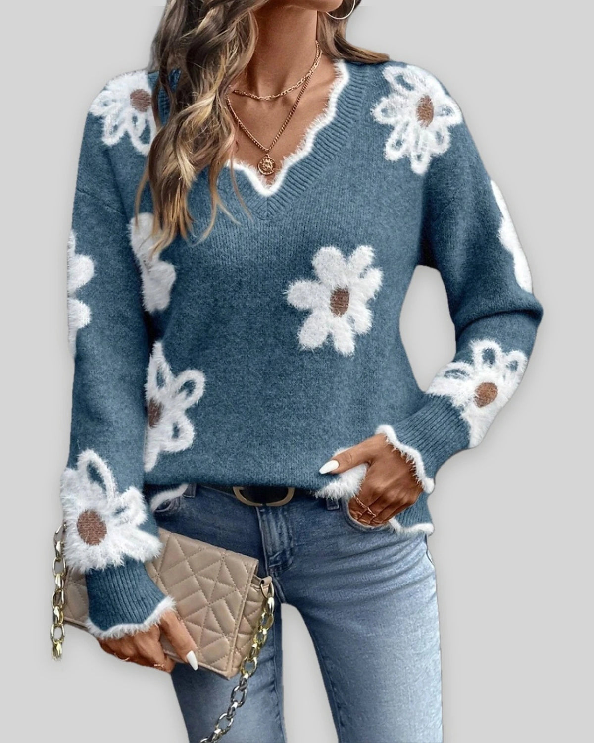 Women's Relaxed Fit Knit Jumper with V-Neckline and Daisy Print, Floral Knit Sweater – Vera Mae