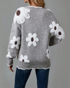 Women's Relaxed Fit Knit Jumper with V-Neckline and Daisy Print, Floral Knit Sweater – Vera Mae