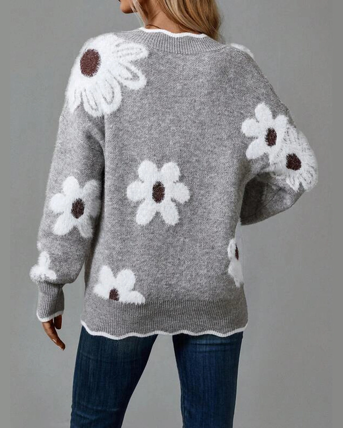 Women's Relaxed Fit Knit Jumper with V-Neckline and Daisy Print, Floral Knit Sweater – Vera Mae