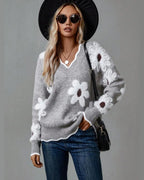 Women's Relaxed Fit Knit Jumper with V-Neckline and Daisy Print, Floral Knit Sweater – Vera Mae