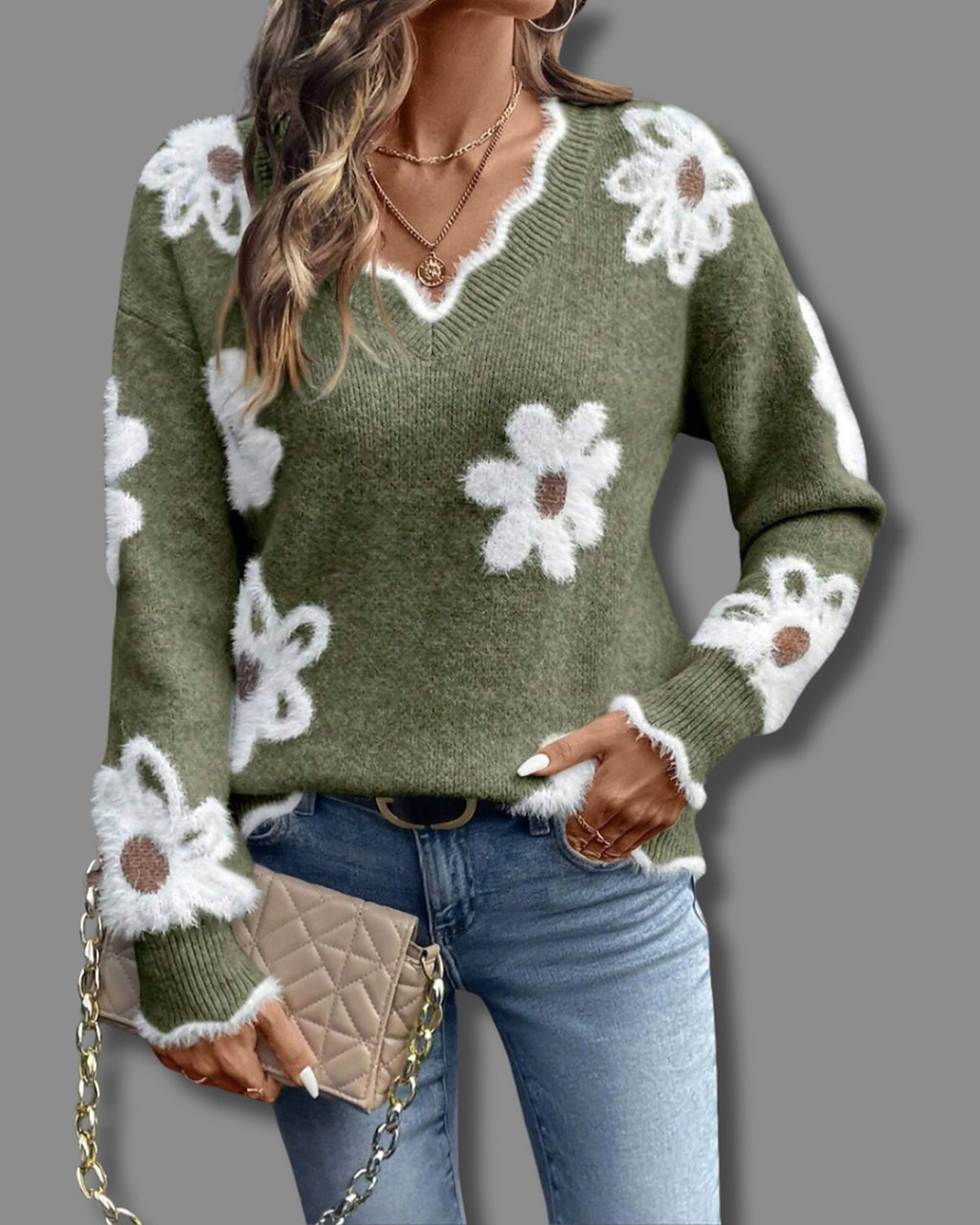 Women's Relaxed Fit Knit Jumper with V-Neckline and Daisy Print, Floral Knit Sweater – Vera Mae