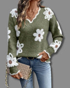Women's Relaxed Fit Knit Jumper with V-Neckline and Daisy Print, Floral Knit Sweater – Vera Mae