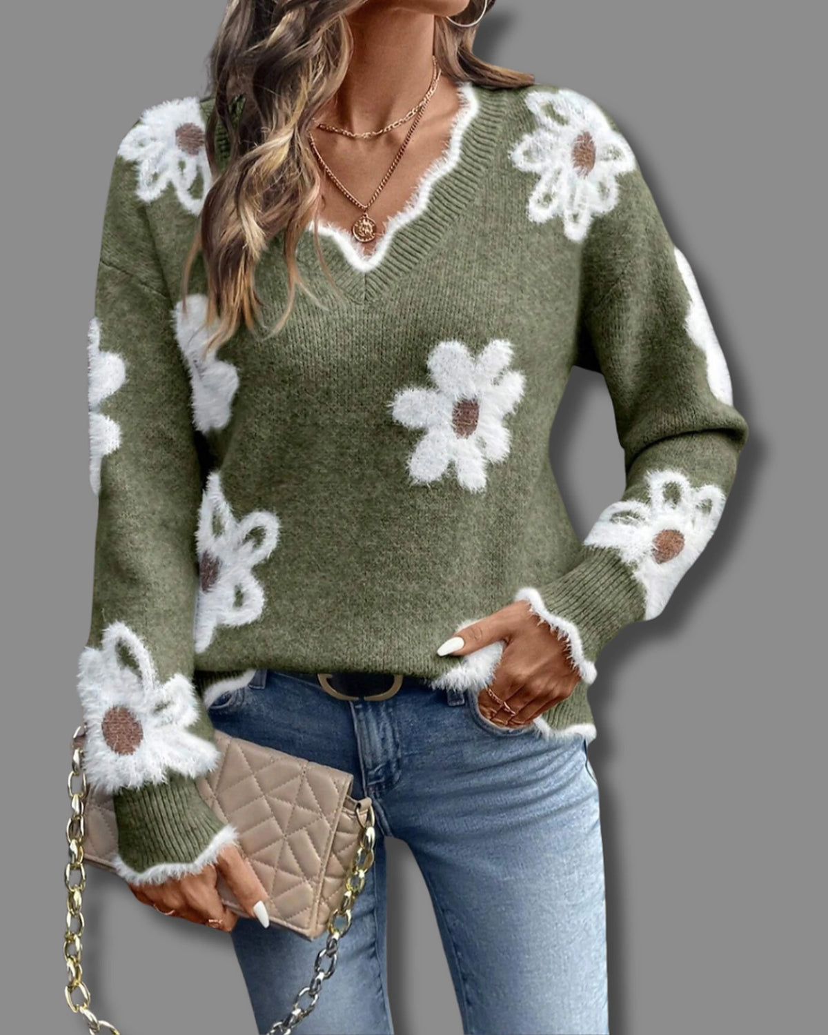 Women's Relaxed Fit Knit Jumper with V-Neckline and Daisy Print, Floral Knit Sweater – Vera Mae