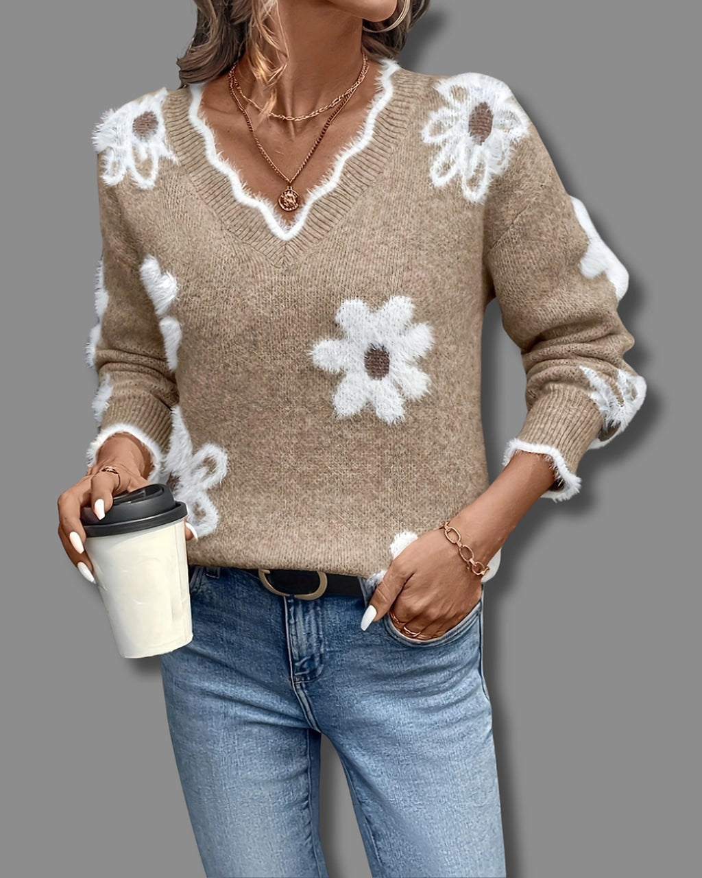 Women's Relaxed Fit Knit Jumper with V-Neckline and Daisy Print, Floral Knit Sweater – Vera Mae