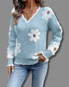 Women's Relaxed Fit Knit Jumper with V-Neckline and Daisy Print, Floral Knit Sweater – Vera Mae