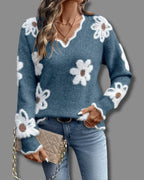 Women's Relaxed Fit Knit Jumper with V-Neckline and Daisy Print, Floral Knit Sweater – Vera Mae