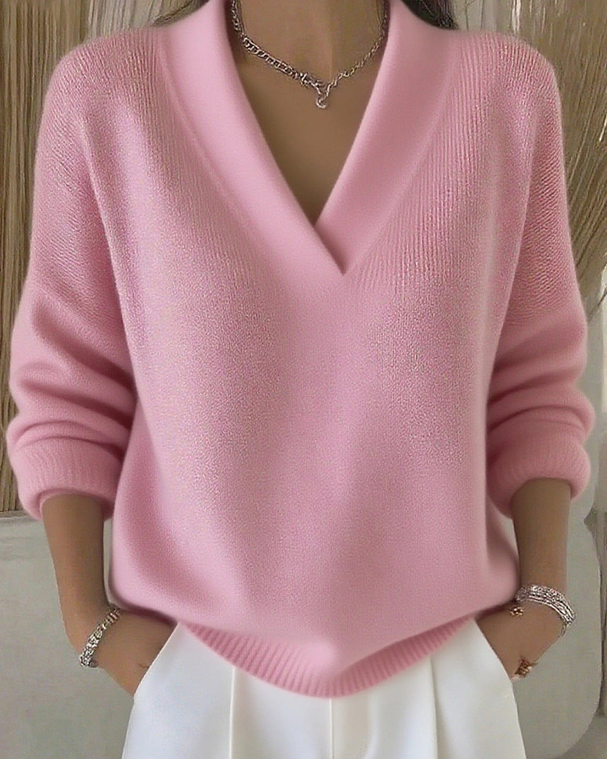 Women's V-Neck Knit Jumper with Deep Neckline and Ribbed Hem, Relaxed Fit – Zara Mae