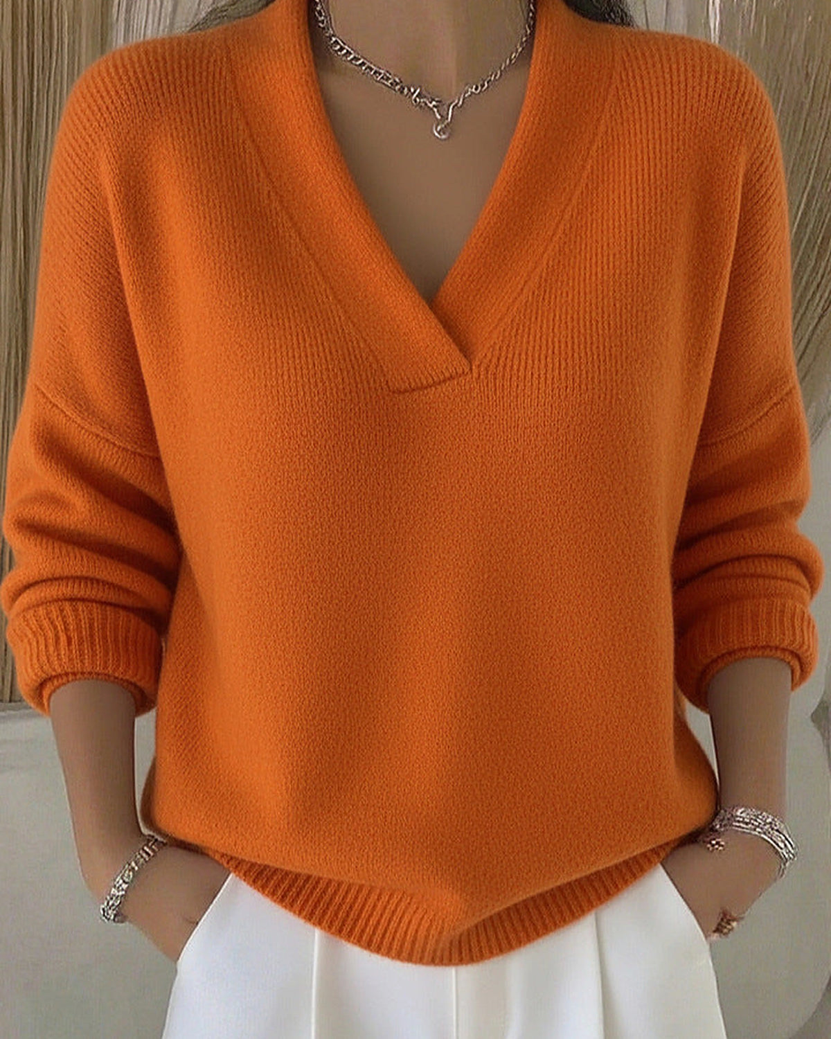 Women's V-Neck Knit Jumper with Deep Neckline and Ribbed Hem, Relaxed Fit – Zara Mae
