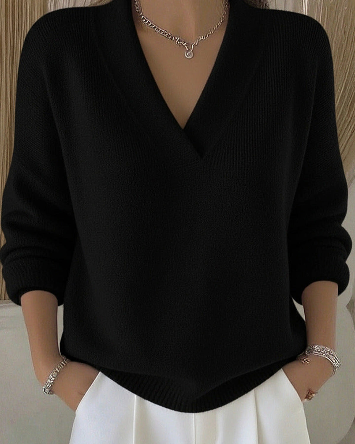 Women's V-Neck Knit Jumper with Deep Neckline and Ribbed Hem, Relaxed Fit – Zara Mae