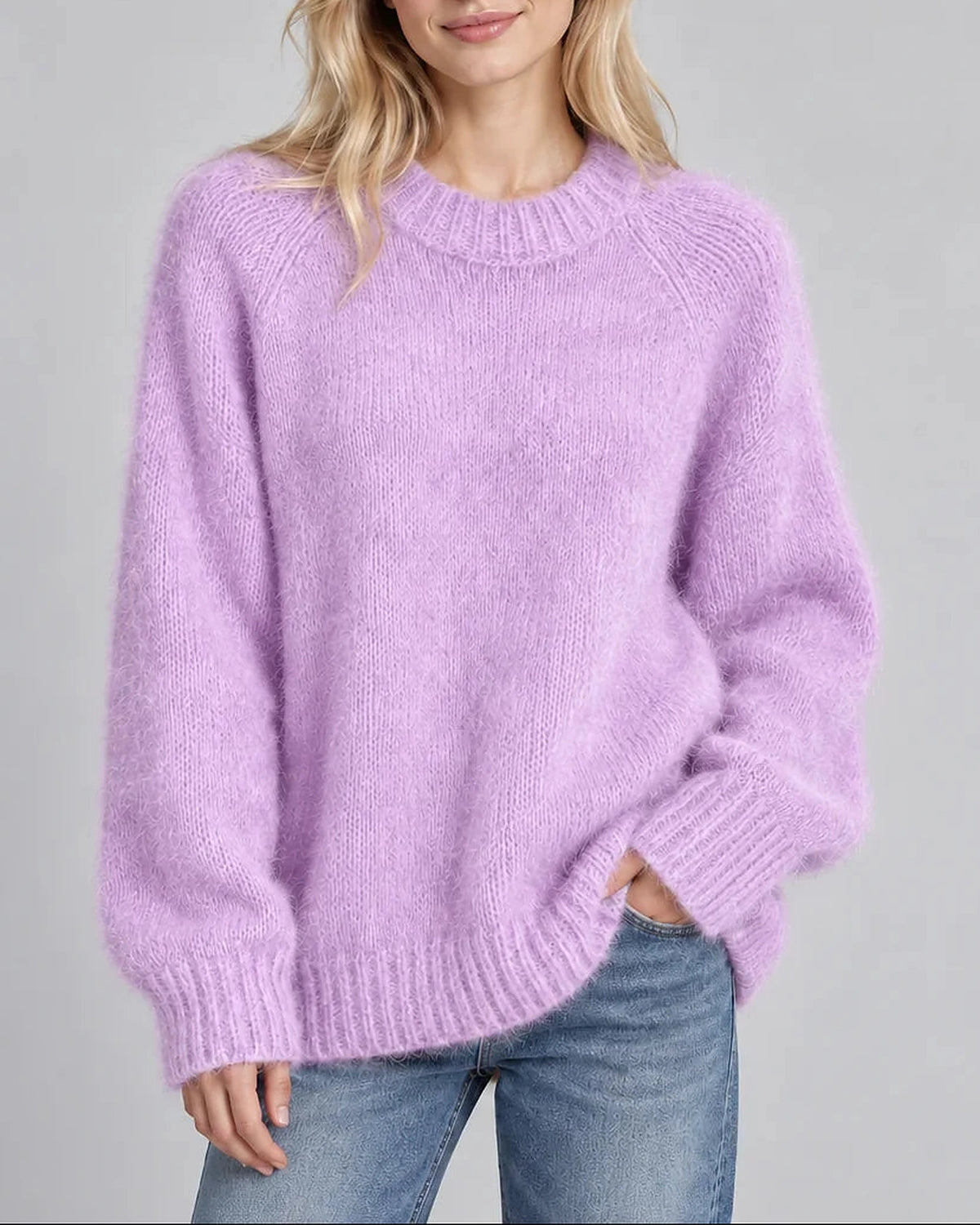 Women's Fluffy Knit Jumper with Long Sleeves and Crew Neck, Oversized Fit – Georgia