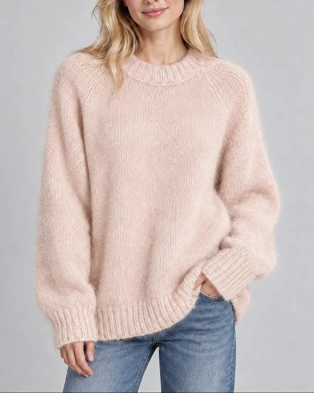 Women's Fluffy Knit Jumper with Long Sleeves and Crew Neck, Oversized Fit – Georgia