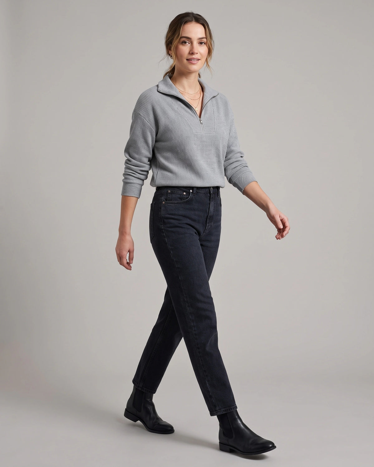 Women's Half Zip Sweatshirt with Stand Collar and Ribbed Finish, Relaxed Fit – Beatrix Grey
