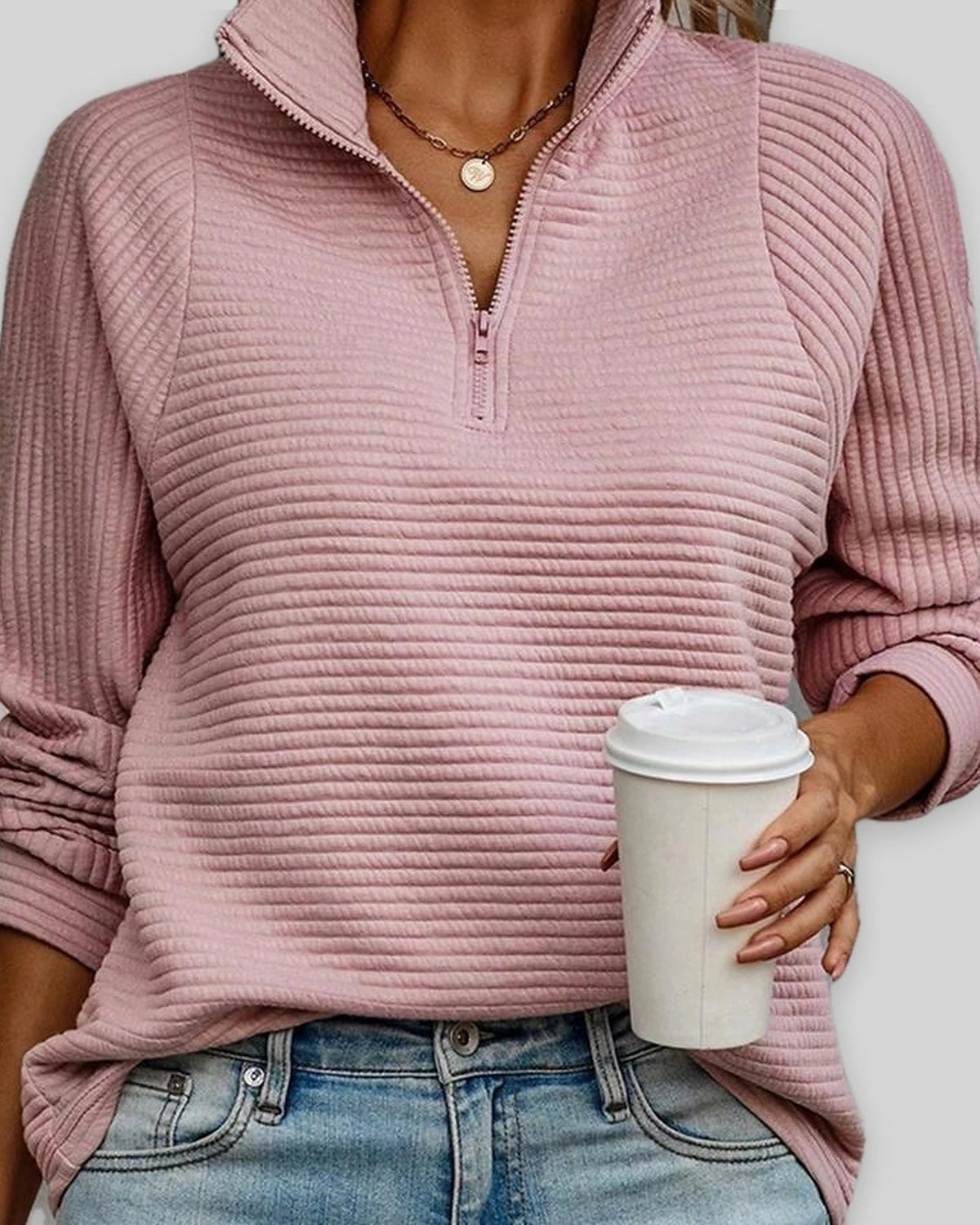 Women's Half Zip Sweatshirt with Stand Collar and Ribbed Finish, Relaxed Fit – Beatrix Grey