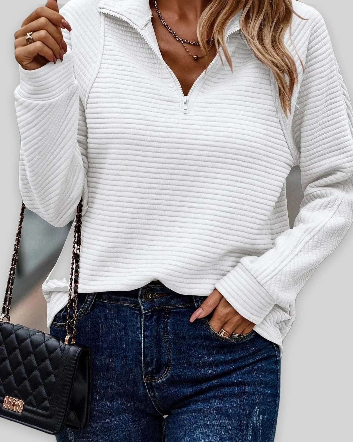 Women's Half Zip Sweatshirt with Stand Collar and Ribbed Finish, Relaxed Fit – Beatrix Grey