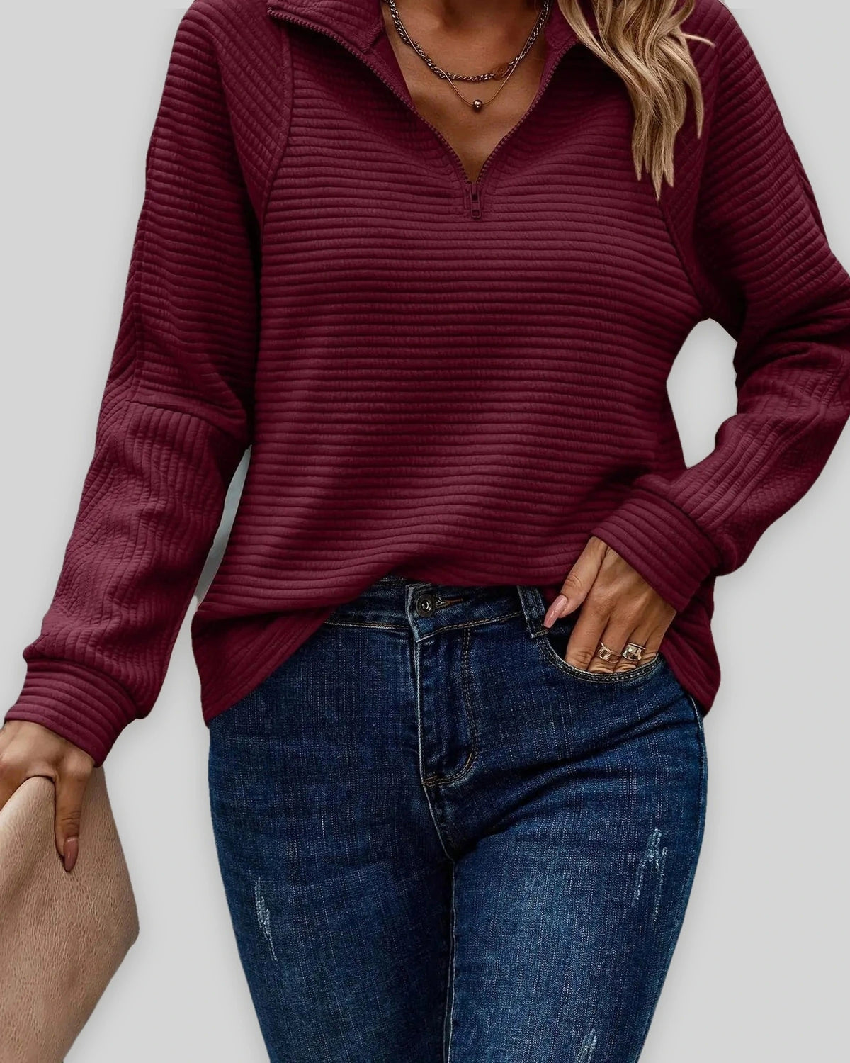 Women's Half Zip Sweatshirt with Stand Collar and Ribbed Finish, Relaxed Fit – Beatrix Grey