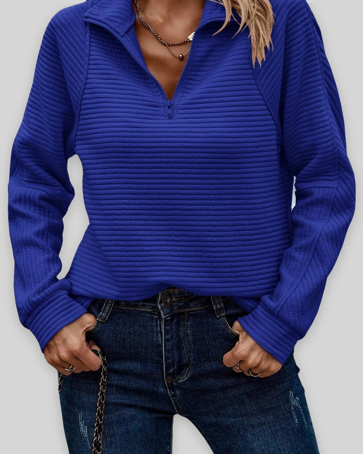 Women's Half Zip Sweatshirt with Stand Collar and Ribbed Finish, Relaxed Fit – Beatrix Grey