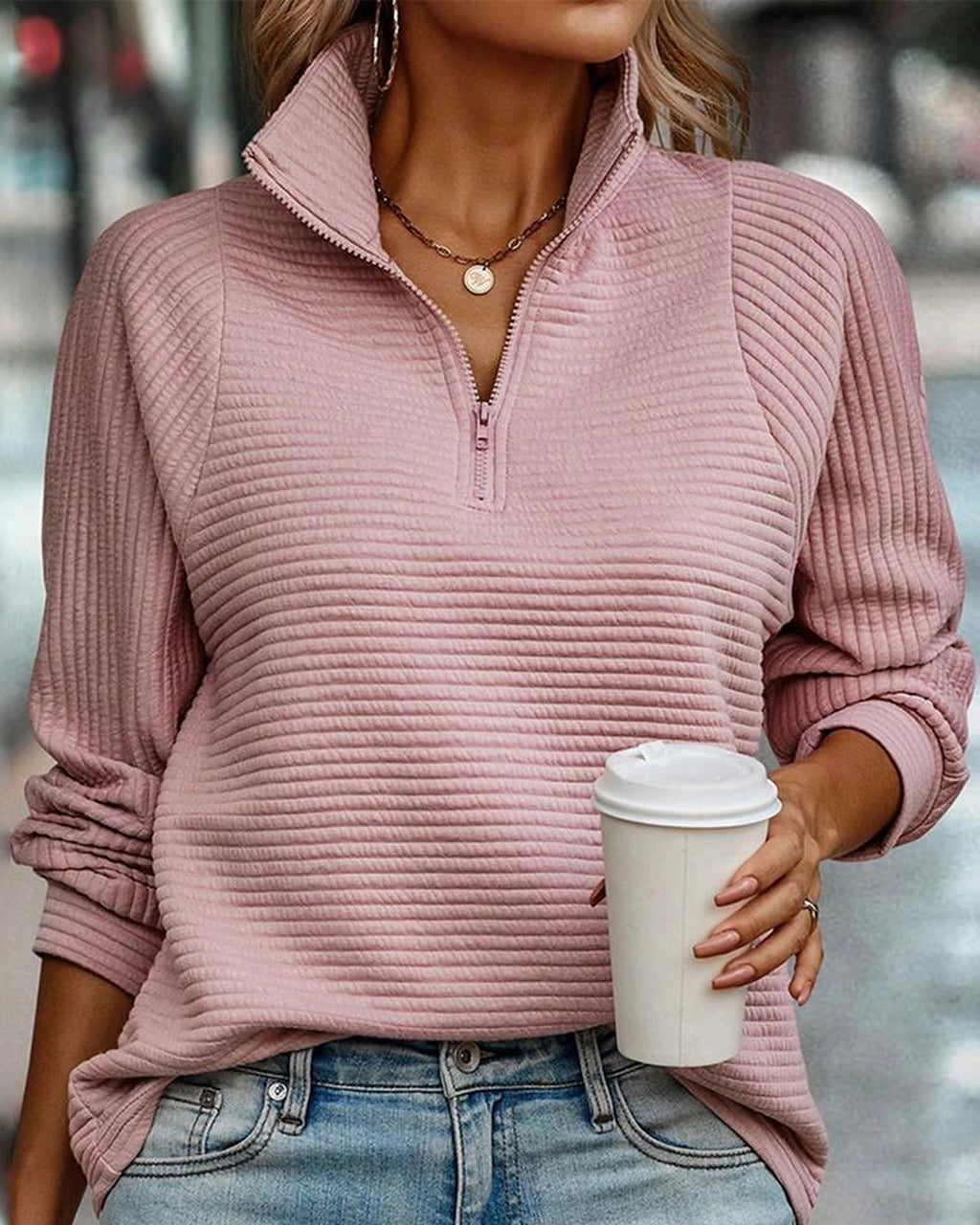 Women's Half Zip Sweatshirt with Stand Collar and Ribbed Finish, Relaxed Fit – Beatrix Grey