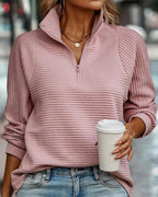 Women's Half Zip Sweatshirt with Stand Collar and Ribbed Finish, Relaxed Fit – Beatrix Grey