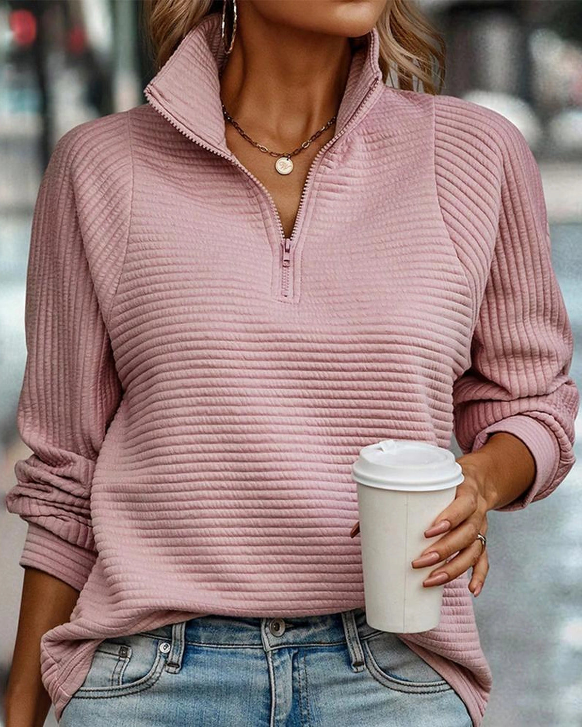 Women's Half Zip Sweatshirt with Stand Collar and Ribbed Finish, Relaxed Fit – Beatrix Grey
