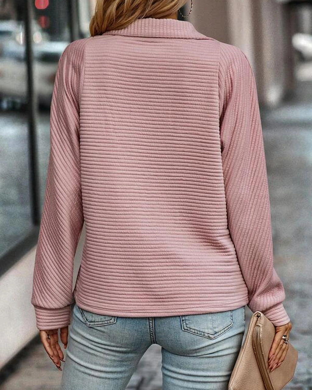 Women's Half Zip Sweatshirt with Stand Collar and Ribbed Finish, Relaxed Fit – Beatrix Grey