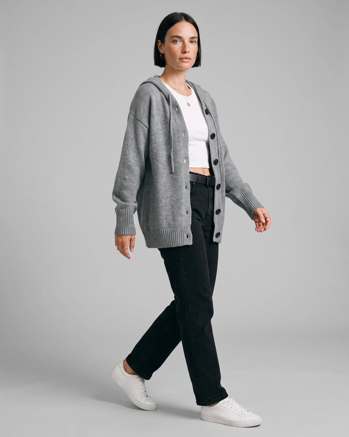 Women's Hooded Knit Cardigan with Large Button Closure, Relaxed Fit – Vera Grey